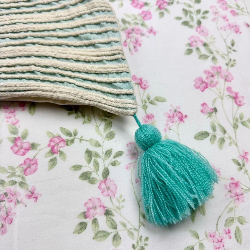 Pier 1 Mint & Ivory Woven Striped Decorative Throw Pillow Case with Tassels